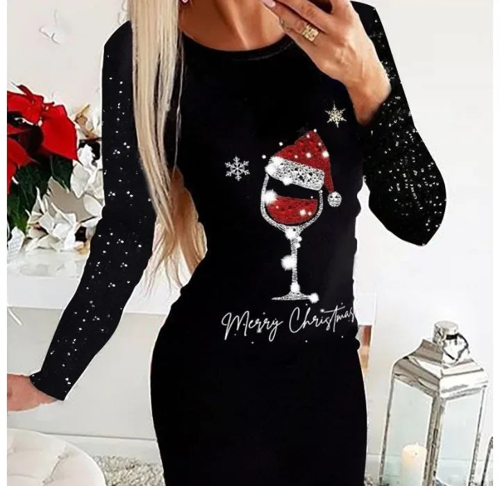 Christmas Dresses Women and Fall New Long Sleeved Printed Short Dress Fashionable Versatile Base Skirt for Female 2024 Summer