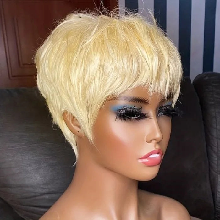 613 Honey Blonde Straight Short Pixie Bob Cut Wig With Bangs Indian Human Hair Full Machine Wig For Black Women