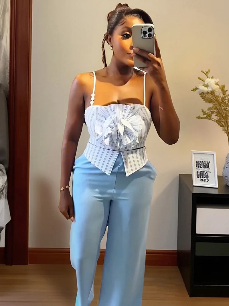 CM.YAYA Fashion Women's Set Striped Strap Floral Applique Crop Top and Wide Leg Pants Suit 2025 Two 2Piece Sets Outfit Tracksuit
