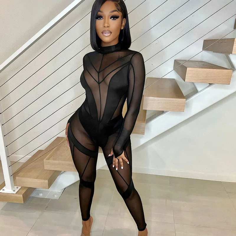 Sexy Sheer Mesh Jumpsuits Women Party Club Outfits Skinny Patchwork Long Sleeve See Through Rompers Womens Jumpsuit Midnight