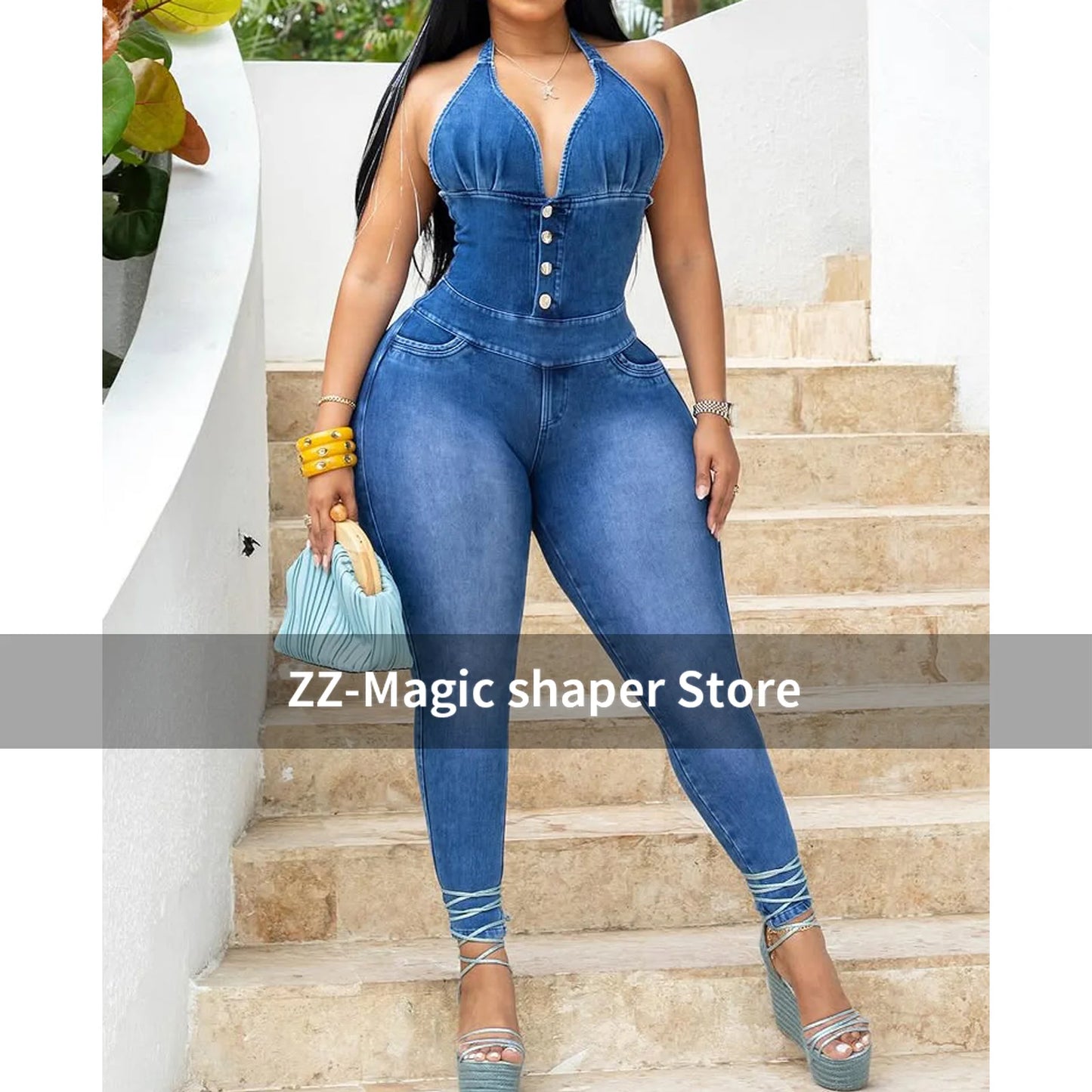 Women's High-Waist Skinny Jeans Vintage Button High Stretch Straight Leg Casual Trousers Backless Slim Fit Hip Lifting Pants
