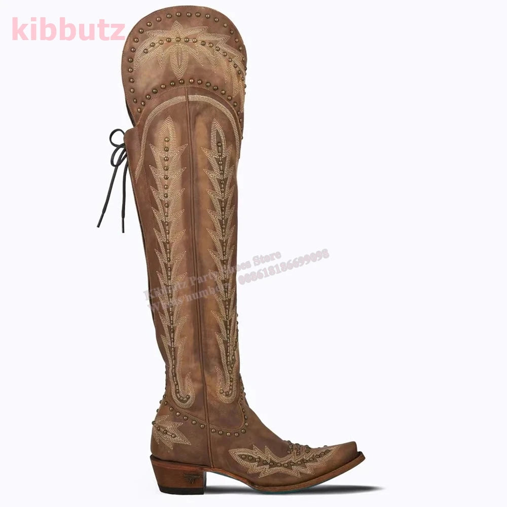 Rivet Cowboy Vintage Boots Over The Knee High Embroidery Lace-Up Luxury Leather Pointed Toe Chunky Heels Fashion Concise Shoes