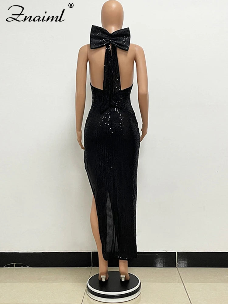 Znaiml Elegant Luxury Sequin Halter Big Bow Backless Long Dresses Women Sleeveless High Split Birthday Evening Wedding Vestidos