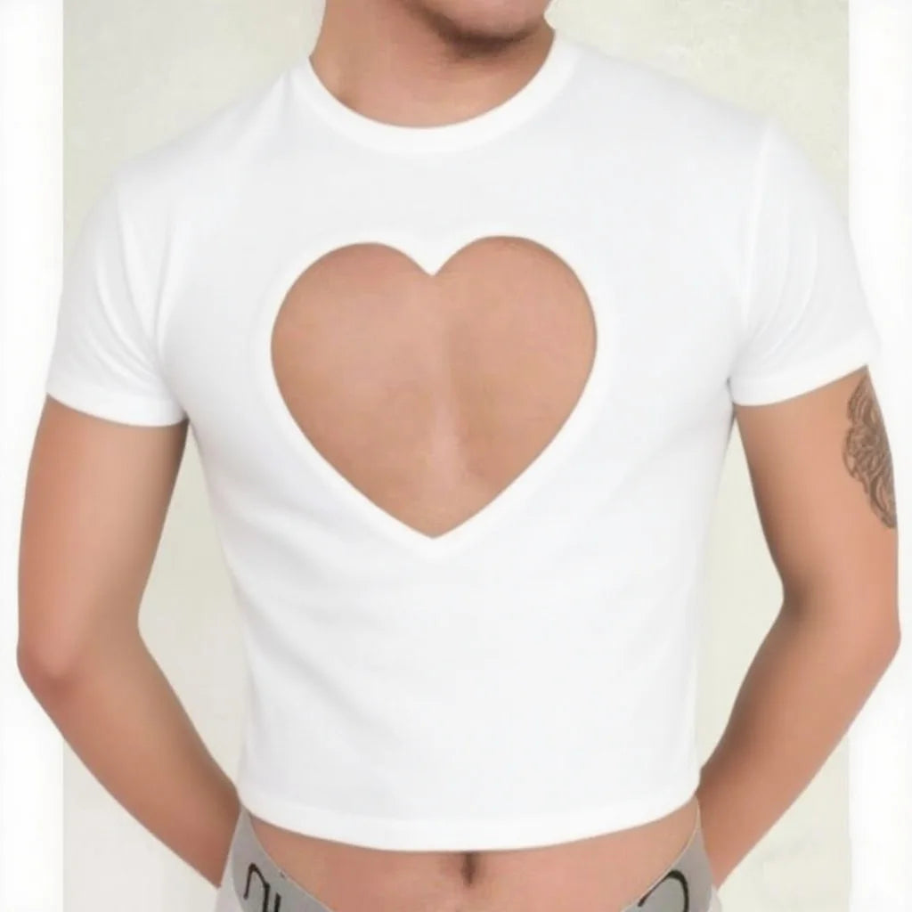 Love Heart Hollow Out Short Sleeve T Shirt for Women