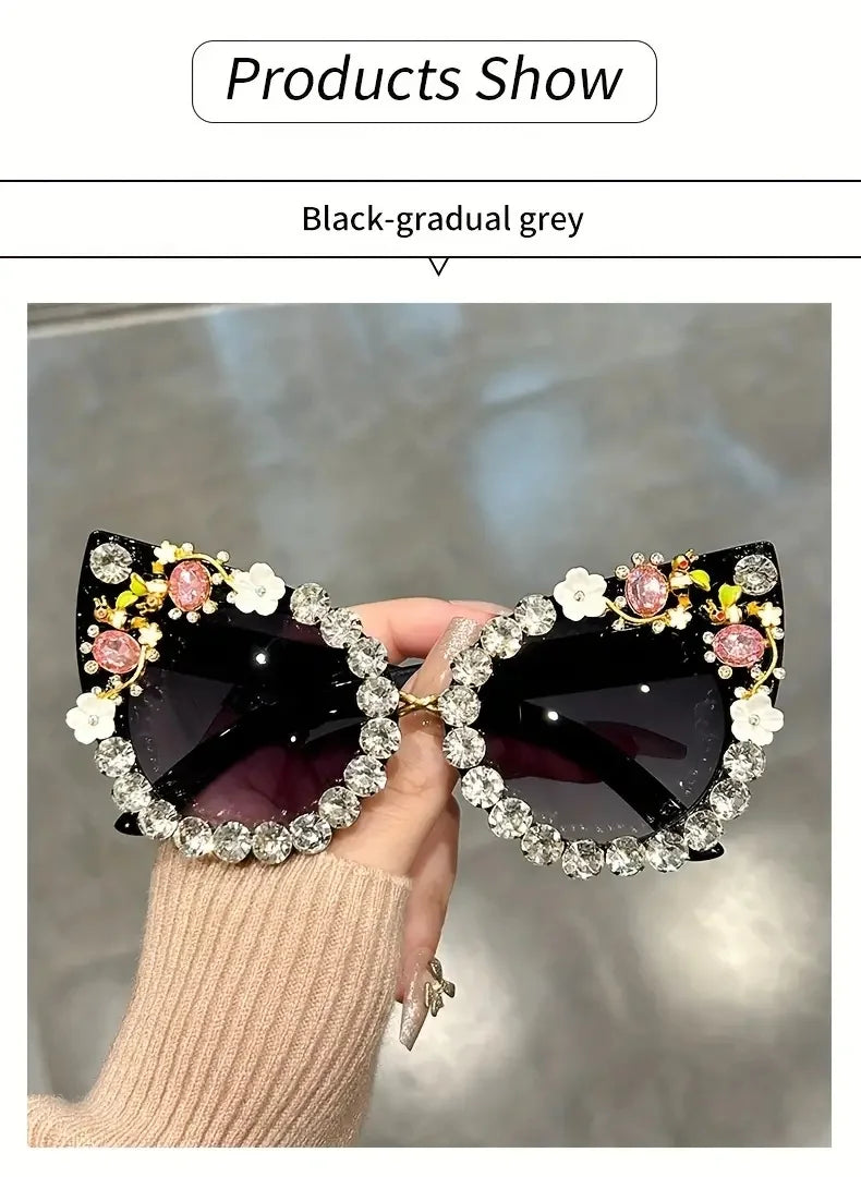 Luxury Rhinestone Flower Sunglasses Cat Eye Gradient Decorative Shades Props For Costume Party Prom