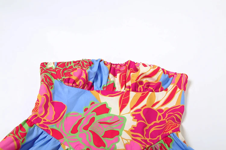 Weird Puss Colorful Print Strapless Dress Women Sexy Off Shoulder Backless Ruched Ruffles Vacation Y2K Sweet Style Mini Bodycon