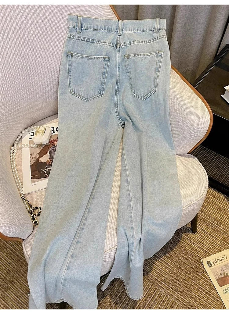 Women Diamonds Denim Pant Korean Fashion High Street Straight Ankle-Length Jeans Spring Autumn All-Match Office Lady Long Pants