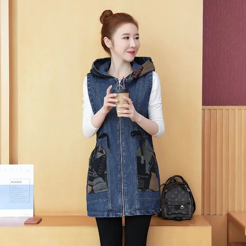 Mid-length Waist Collection Slimming Hooded Cowboy Vest Female 2024 Spring Autumn Korean Version Casual All-matching Vest Coat X
