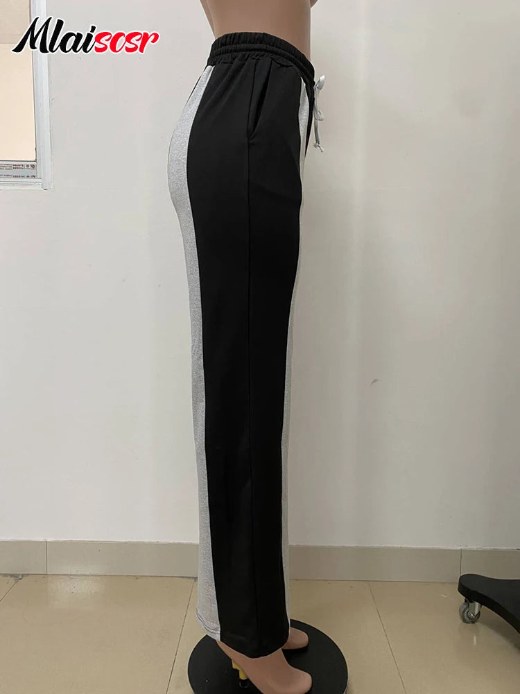 Mlaiscsr Fashion Pink Patchwork Loose Wide Leg Pants Women Drawstring High Waist Trousers Casual Streetwear Bottoms Sweatpants