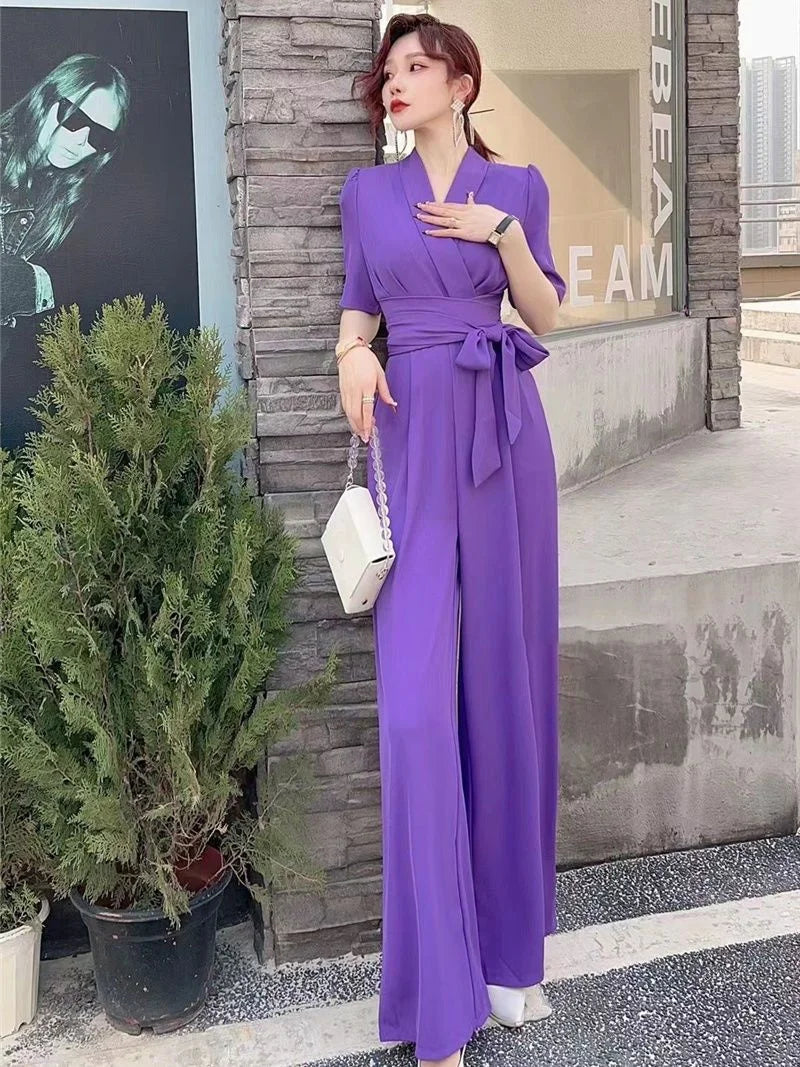 Jumpsuits Summer New High end Jumpsuit Women's Elegant Solid Color High Waist Slim Lace up Wide Leg Dropping Bodysuit Women Sets
