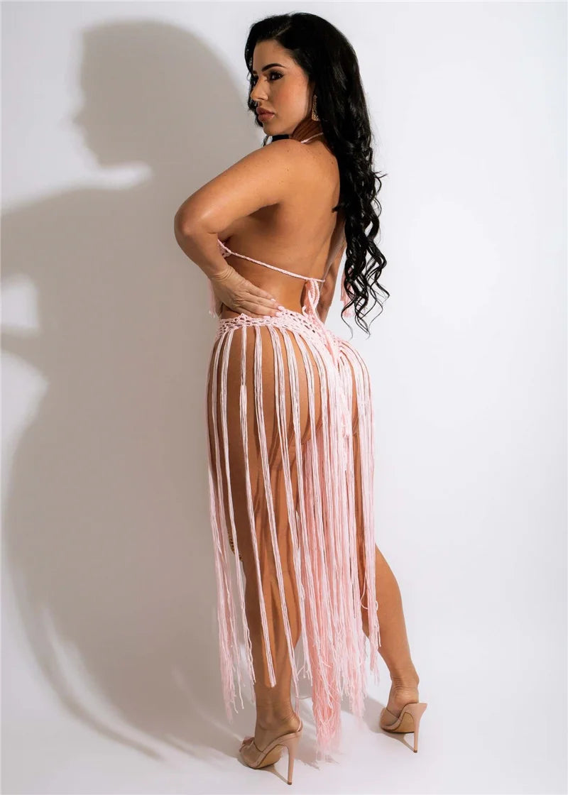 Sexy Crochet Knitted Beach Summer Dress Women Halter V-neck Tassel Backless Maxi Dress Vacation Sheer Long Dresses Swimsuit 2022