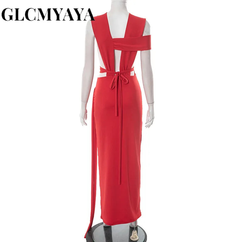 GLCMYAYA Women Sleeveless Roll Splicing Cutout Bodycon Midi Maxi Long Dress 2025 Summer Vacation Holiday Sexy Club Party Dresses