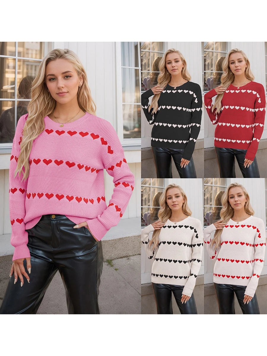 Women Valentine's Day Knit Sweater Heart Print Long Sleeve Round Neck Pullovers Fall Winter Casual Loose Knitted Jumpers Tops