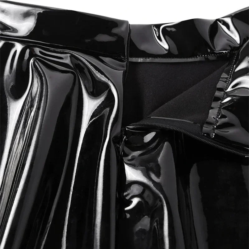 Women Gothic PVC A-line Skating Skirt Shiny Patent Leather Pleated Skirt Ladies High Waist Faux Latex Mini Skirt Custom Clubwear
