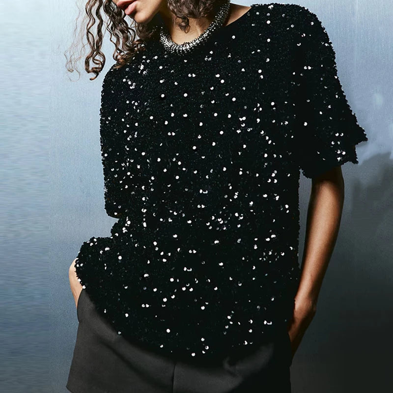 2025 Velvet Sequin Solid Color Club Party Shirt Elegant Loose Commuting Top Spring Summer O-neck Short Sleeved Women's Pullover