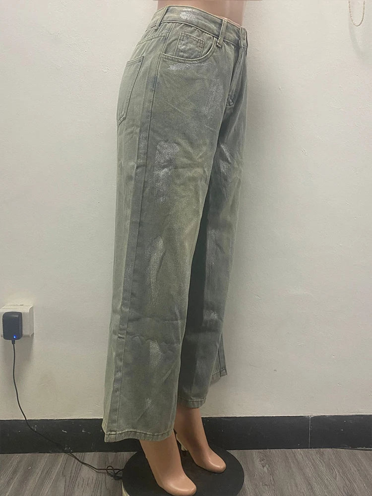 Mlaiscsr High Waist Silver Coating Baggy Jeans Straight Wide Leg Denim Pants Women's New Loose Trousers Y2K Metallic Clothing