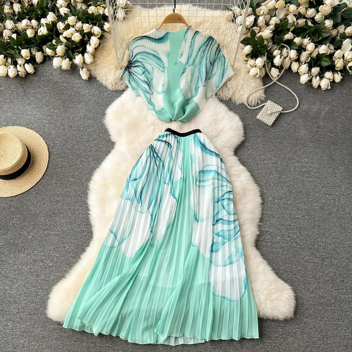 Summer Contrast Color Miyake 2 Pieces Set Women's Short Sleeve High Stretch Pullover Shirt Top+Long Pleated Chiffon Skirt Suit