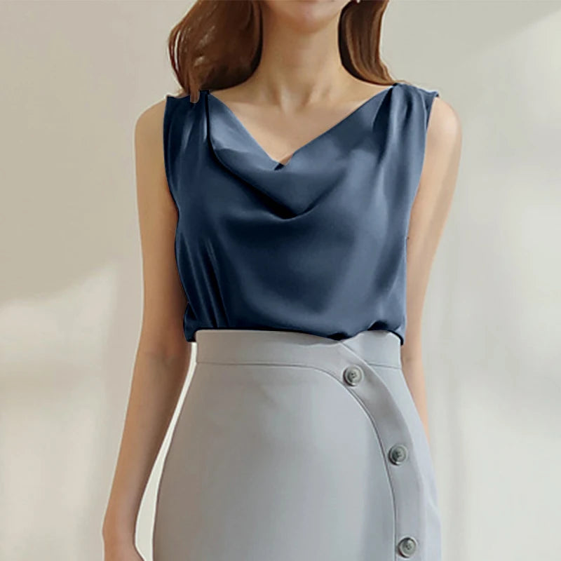 ZANZEA Women Satin Tank Tops Elegant Cowl Neck Sleeveless Blouse Korean Fashion Silk Solid Color Tanks Office Lady Sexy Camisole
