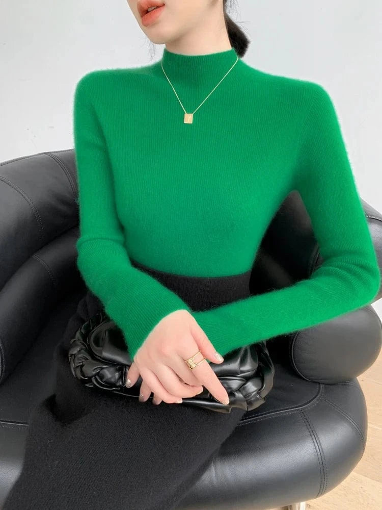 Women 100% Cashmere Sweater Mock Neck Pullover Autumn Winter Slim Basic Cashmere Knitwear Soft Warm High Strecth Pullover Tops