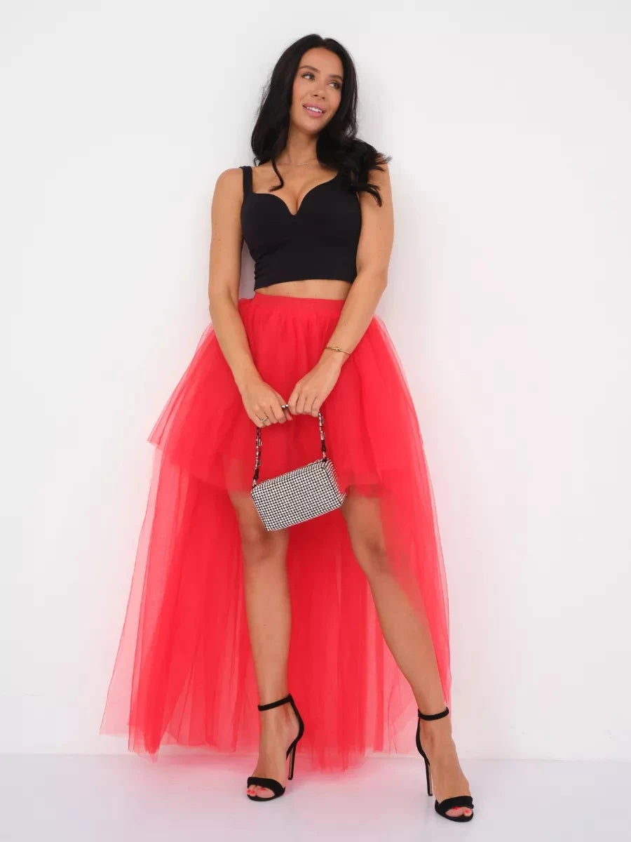 MisShow Hi-Lo Tulle Petticoat Women's Long Four Layer Puffy Skirt Fuchsia Tutu Skirts Adult Junpon Goth For Party Cocktail