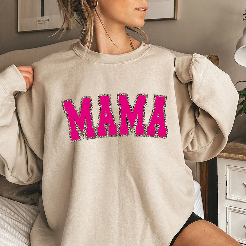 Mothers Day Gift for New Mom Autumn Sweatshirt Wildflowers Leopard Mama Retro Crewneck Sweater Cute Bow Mama Cartoon Sweatshirts