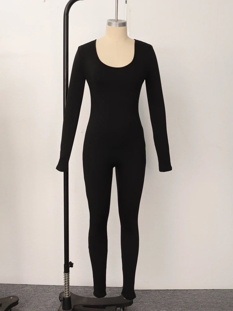 Spring Summer New Women's Long Sleeve Solid Color Skinny Jumpsuit Fashion Sports Fitness Pullover Casual Wear