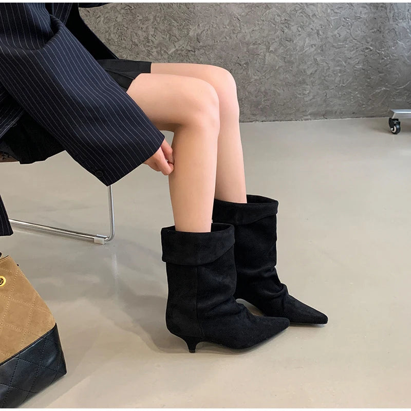 Women's Frosted Low-heeled Boots Fashion Retro Brand Short Boots Pointed Stiletto Boots Pleated Ankle Boot Folded Hem Short Boot