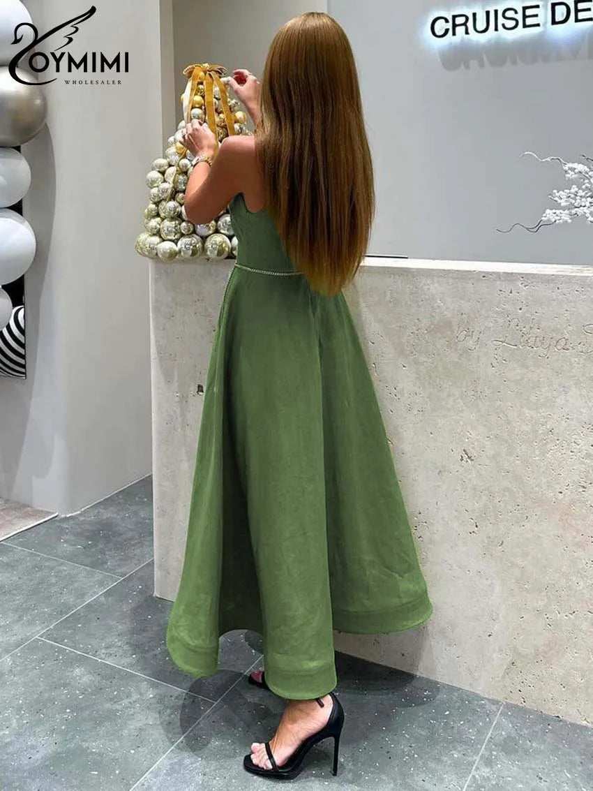 Oymimi Elegant Green Cotton Women's Dress Fashion O-Neck Sleeveless Dresses Casual New High Waist A-Line Mid-Calf Dresses Female