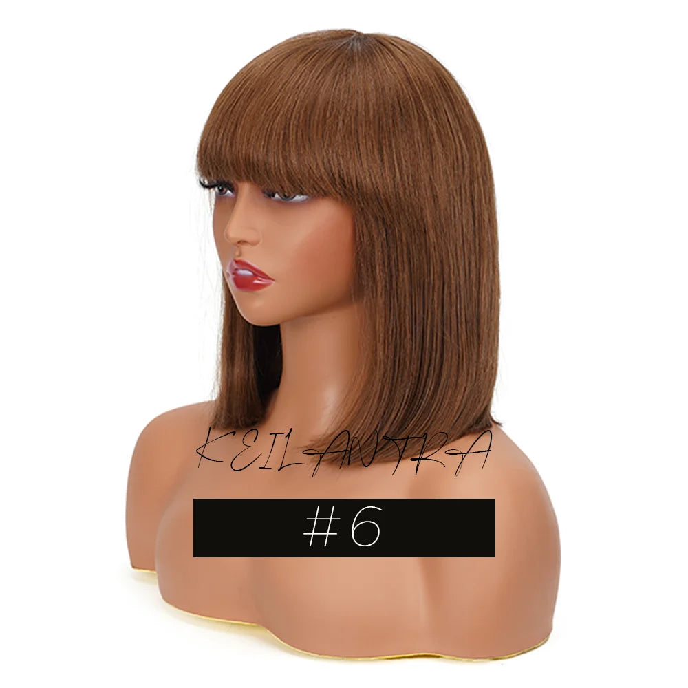 Straight Human Hair Bob Wigs with Bangs Remy Full Machine Made for Women Hightlight Burgundy Brown Colored BOB Wig