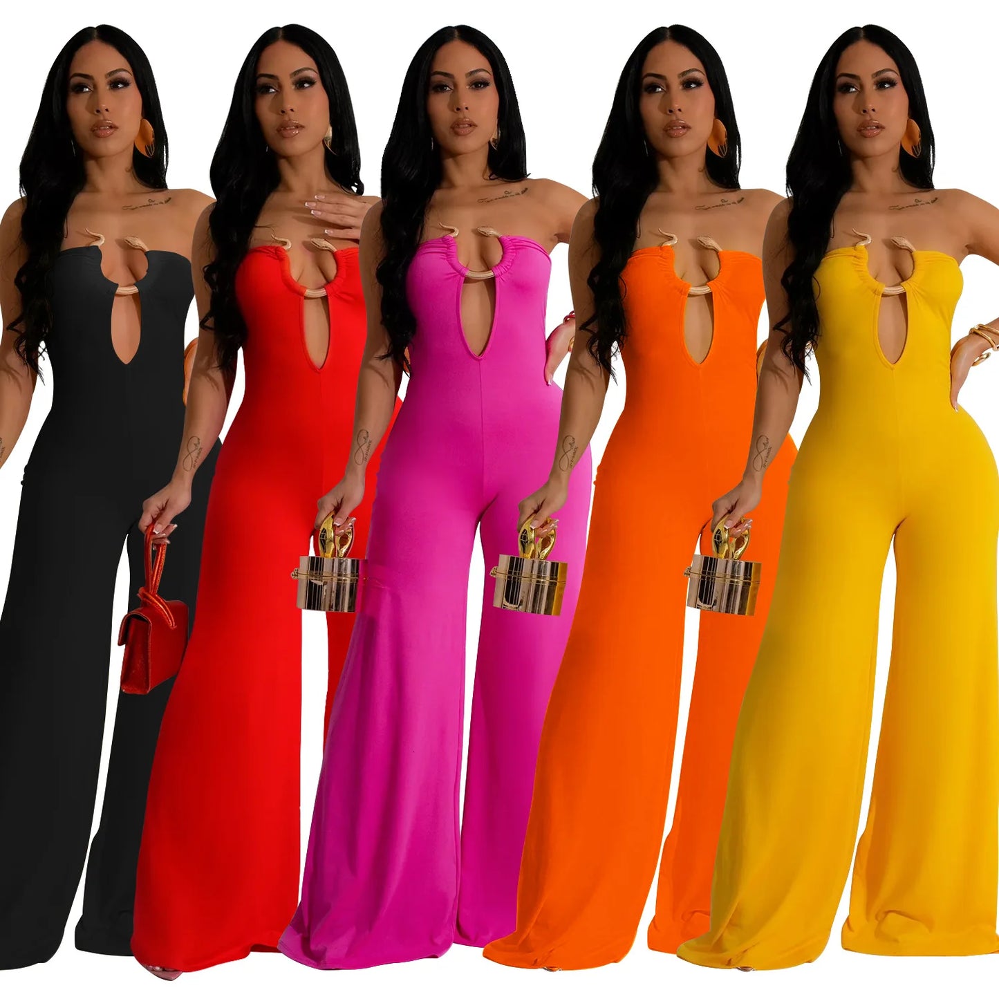 CM.YAYA Women Wide Leg Deep V-Neck Sleeveless Jumpsuits 2024 Summer Hollow Out Night Street Club Playsuit One Piece Suit Romper