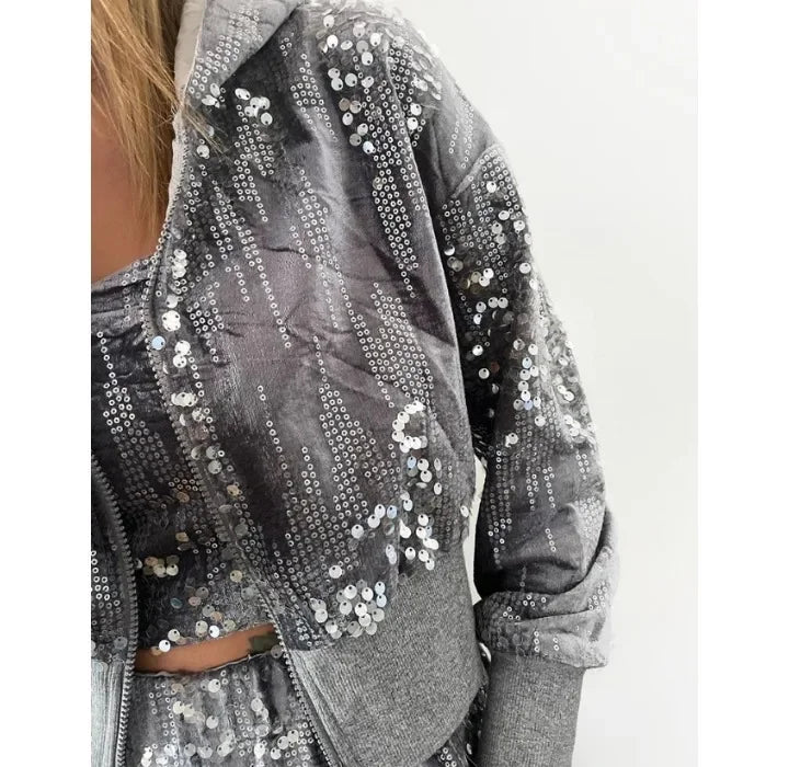 Fashion Sequin Jacket Women Clothing Hooded Y2k Casual Velvet Contrast Daily Long Sleeve Zip Up Coats for Female Streetwear