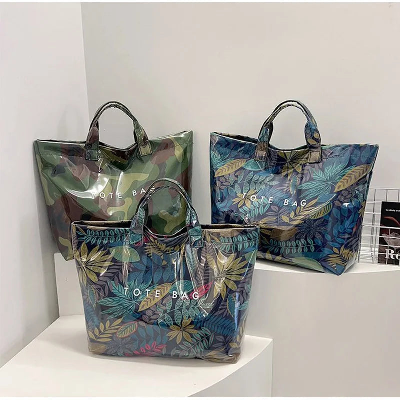 Leaf Print Handbag Pvc Fashion Transparent Waterproof Fashion High-end Shoulder Bag Large Capacity Commuter Tote Bag Shop Bag