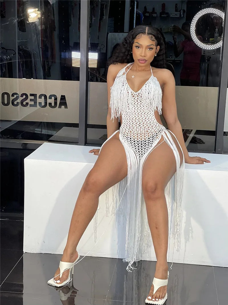 Sexy Crochet Knitted Beach Summer Dress Women Halter V-neck Tassel Backless Maxi Dress Vacation Sheer Long Dresses Swimsuit 2022