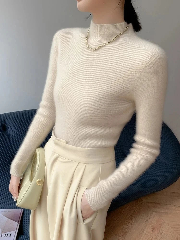 Women 100% Cashmere Sweater Mock Neck Pullover Autumn Winter Slim Basic Cashmere Knitwear Soft Warm High Strecth Pullover Tops