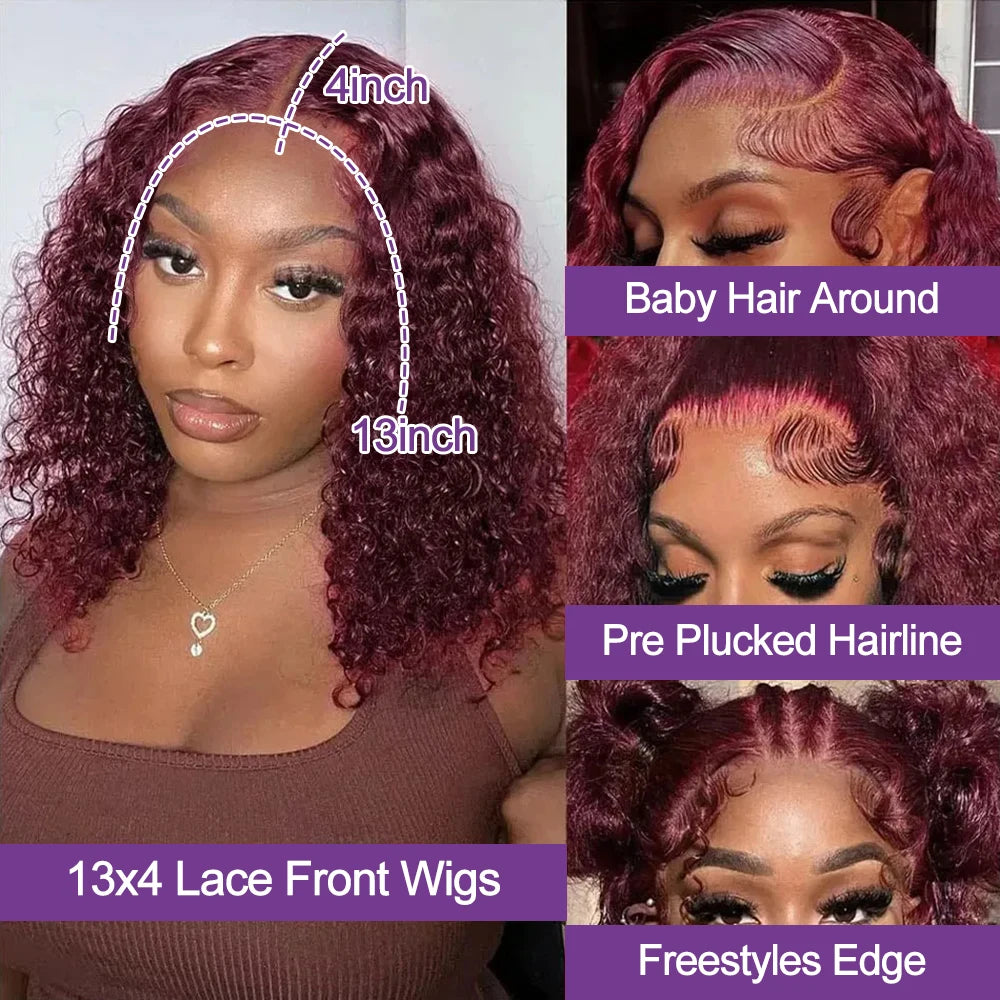 Burgundy 99J Deep Wave Bob Wigs Glueless Human Hair Short Kinky Curly Wig 13x6 Lace Front Wig For Women 13x4 HD Lace Front Wigs