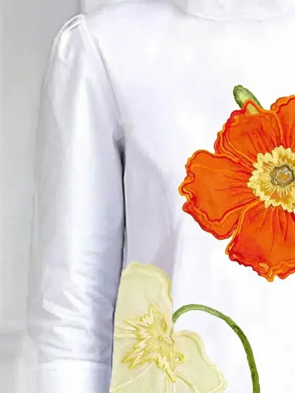 2025 Flower Printed T-shirt for Women Stand Collar Three-quarter Sleeves Loose Fit Shirt Top Summer Casual Blouse