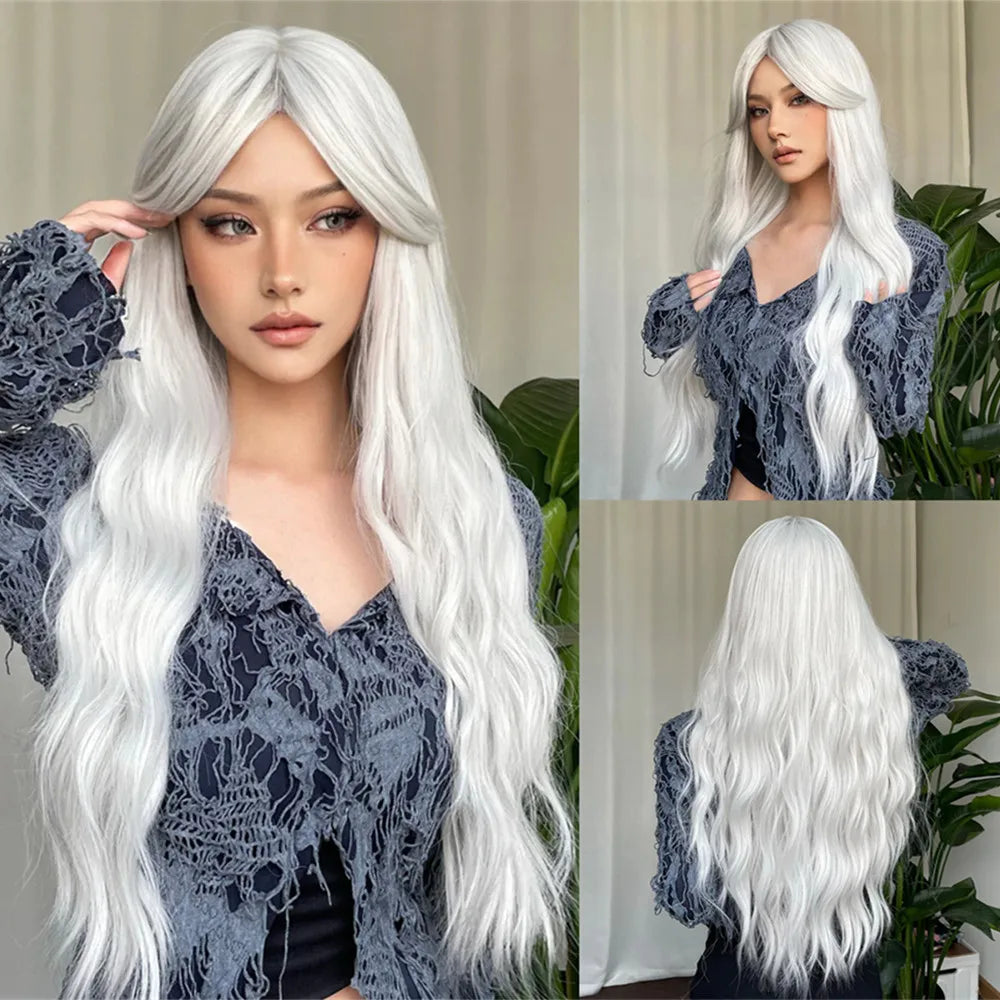 Blue Highlight Long Wavy Synthetic Wig With Bangs for Women