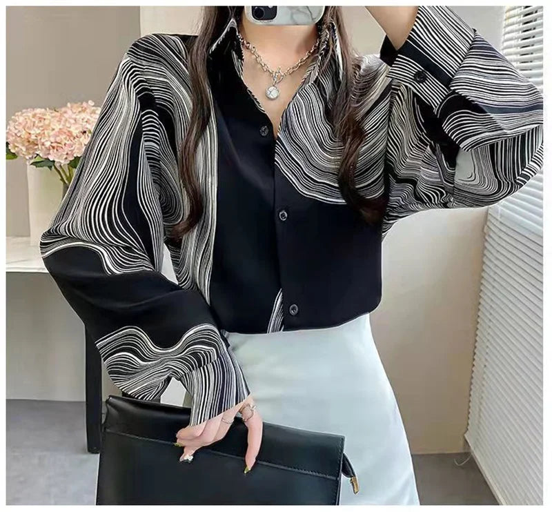 Shirt Women's Design Sense Niche Long-Sleeved Blousers 2025 Spring And Autumn Korean Retro Buttton Chiffon Shirt Top Printed 102