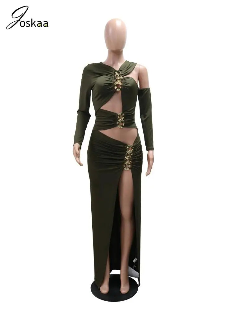Joskaa Elegant Metal Decoration Hollow Birthday Dress Woman Sexy Irregular Full Sleeve High Split Maxi Dresses 2025 Clubwear