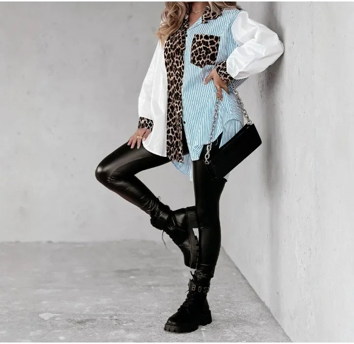 Long Sleeve Women Tops Leopard Print Striped Dip Hem Loose Fit Casual Blouse Button Front Turn-Down Collar Shirt 2024 Autumn New