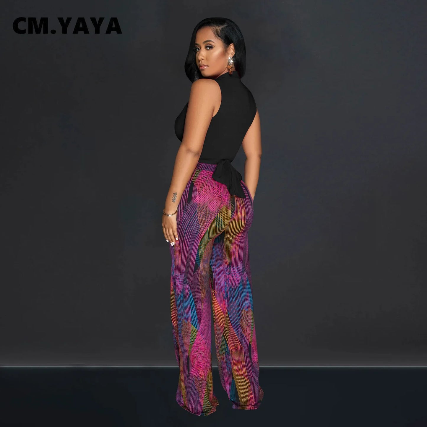CM.YAYA Women's Set Wrap V-neck Tie Up Tank Top and Galaxy Striped Wide Leg Pants 2023 Street Two 2 Piece Sets Outfits Tracksuit