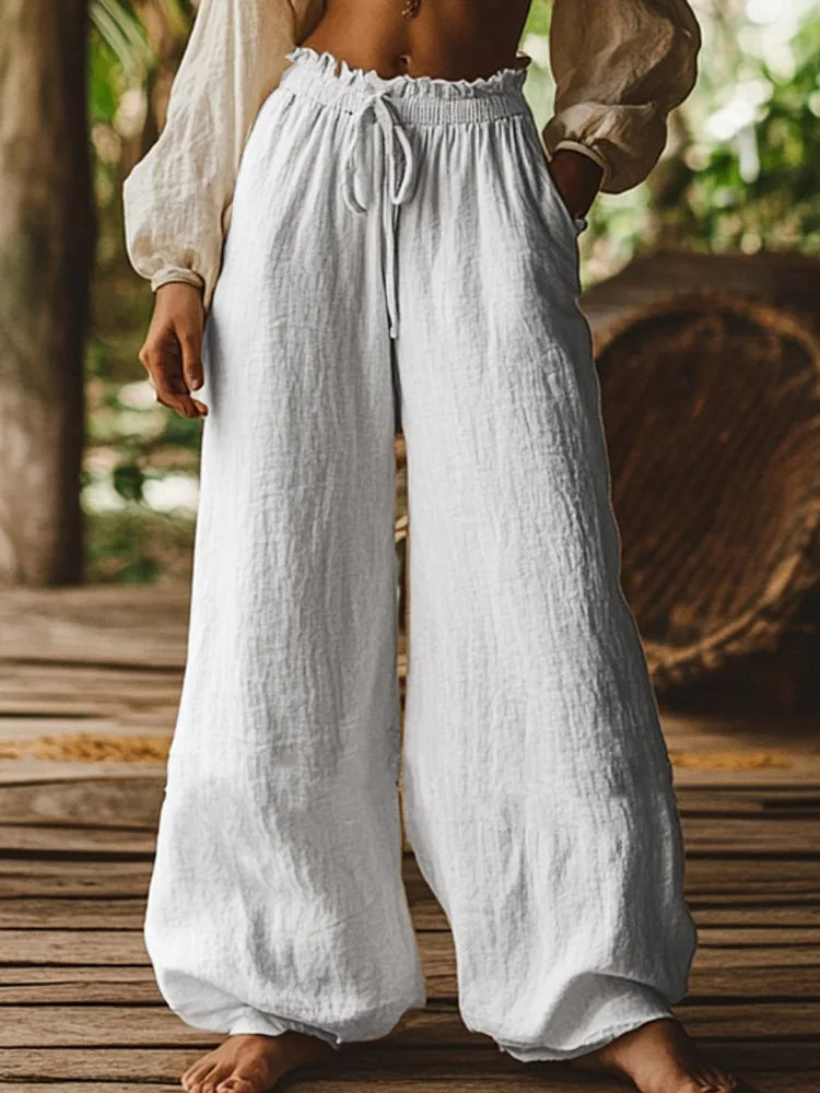 Women's Cotton and Linen Casual Loose Wide Leg Pants Autumn Retro Elastic Waist Drawstring Tied Pocket Pants Ethnic Vacation