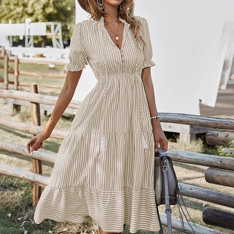 Summer Women's Striped Short Sleeve V-Neck Elastic Waist Dress