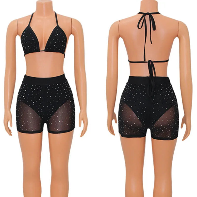 Rhinestones Mesh See Through Sexy Two Peice Sets Women Matching Sets Outfits Clubwear Night Out Halter Lace-up Bra and Shorts