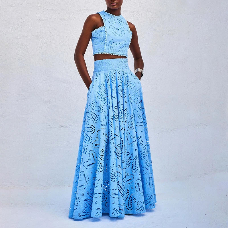 Fashion Hollow Embroidery Party Outfits Women Clothing Temperament Slim Lace Suit Sexy O Neck Sleeveless Vest Top+Long Skirt Set