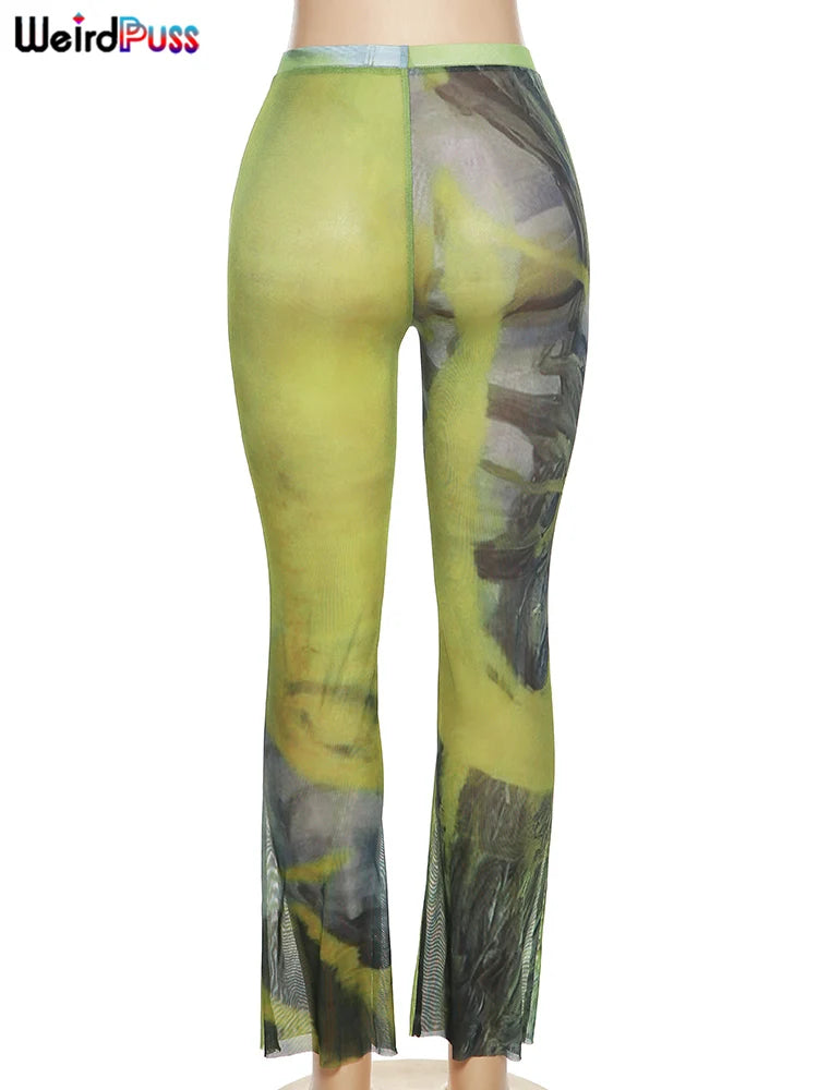 Weird Puss Mesh Tie Dye Straight Pants Women Sexy Summer Trend See Through Thin Skinny Streetwear Wild Elastic Activity Bottoms