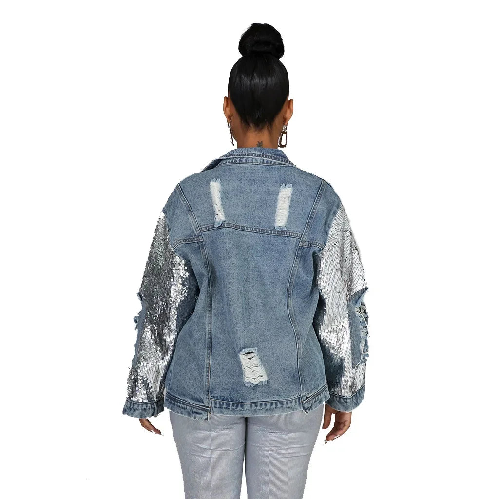 Jackets Women Denim Coat Hole Sequins Patchwork Single Breasted Turn Down Collar Y2k Vintage Streetwear 2025 Autumn Outerwear