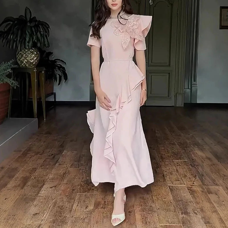 Fashion Flower Patchwork Lotus Leaf Edge Long Dress Casual Summer Banquet Dresses Ladies Temperament O-neck Short Sleeved Dress