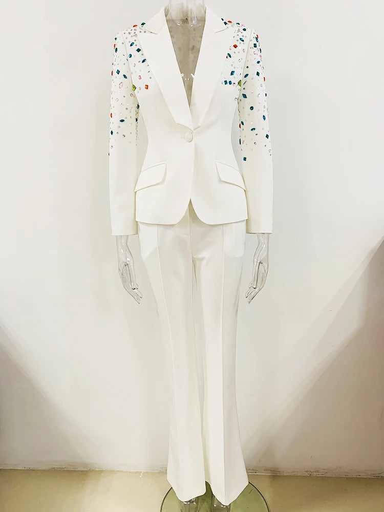 HIGH STREET Newest 2025 F/W Fashion Designer Runway Suit Set Women's Slim Fitting Colors Strass Diamonds Beaded Blazer Pants Set