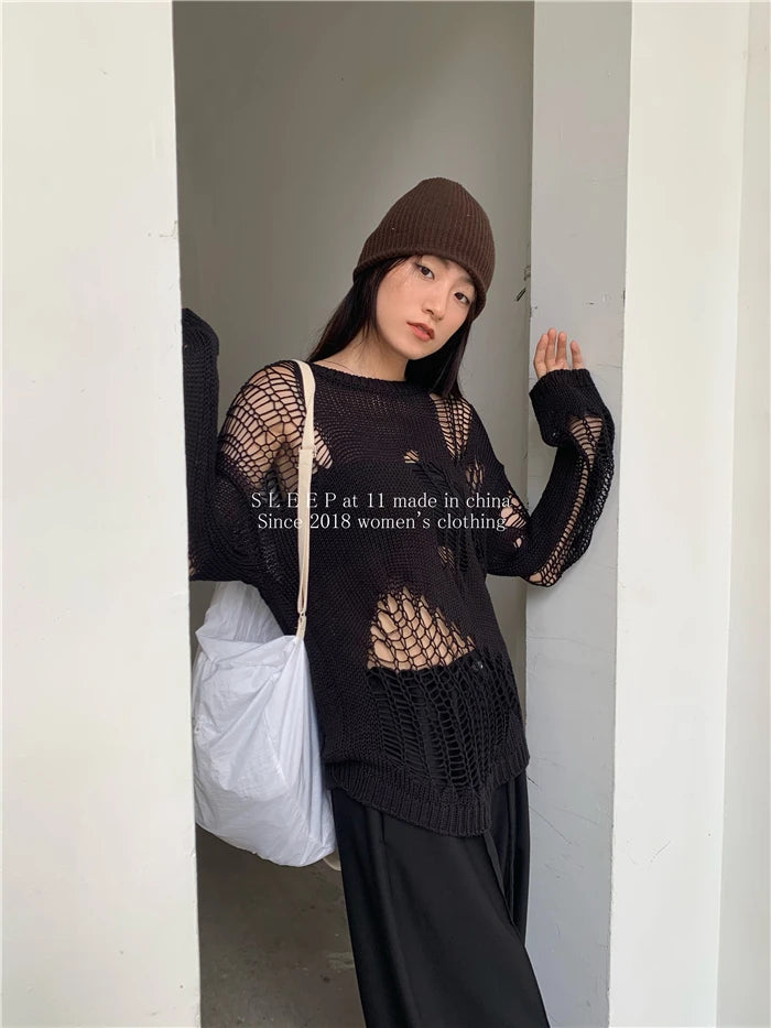Karrram Gothic Hollow Out Sweater Hole See Through Oversized Knitted Pullovers Emo Streetwear Grunge Clothes Y2k Tops Spring